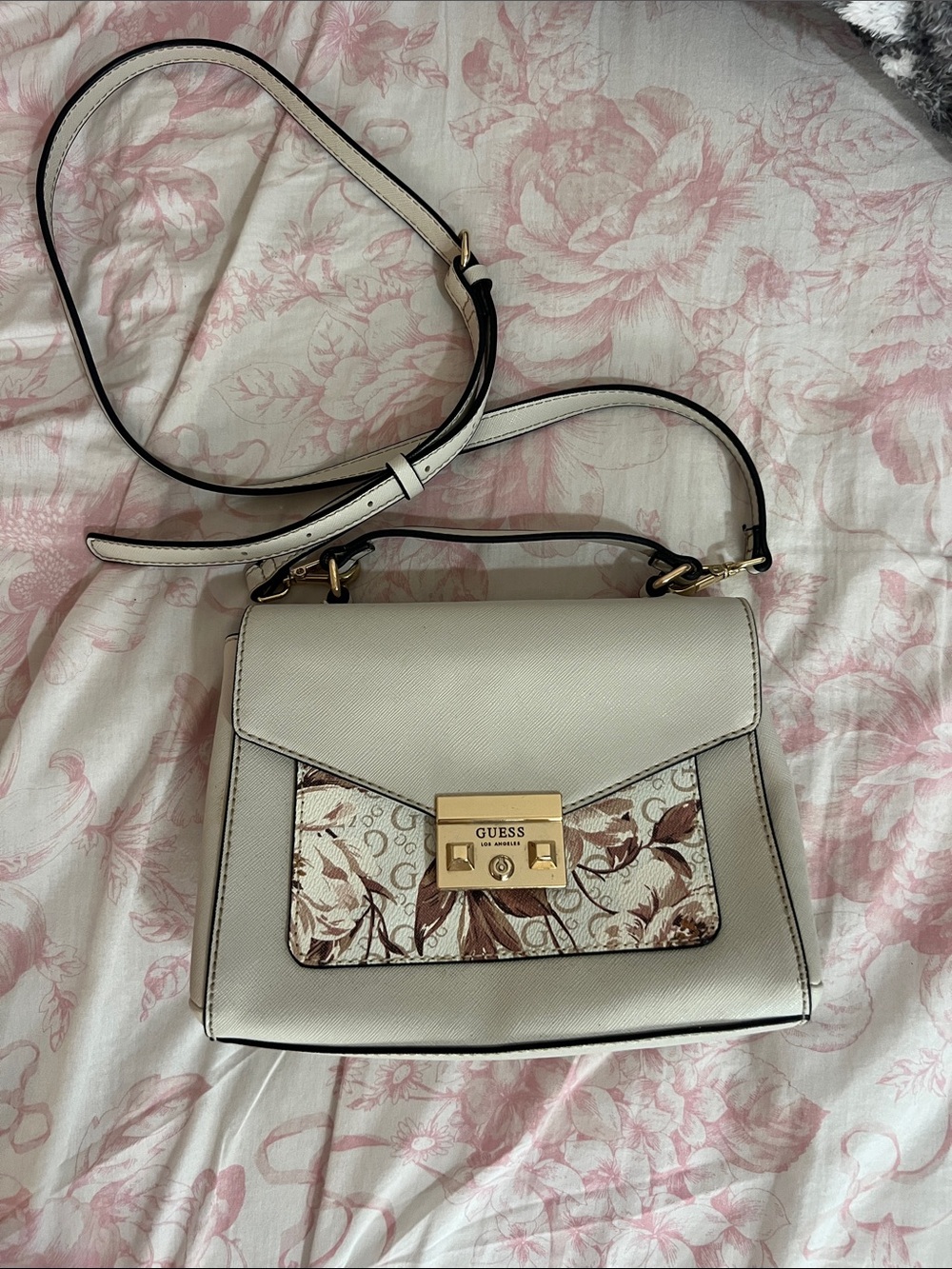 GUESS Cream Floral-Panel Top-Handle Crossbody with Gold Hardware